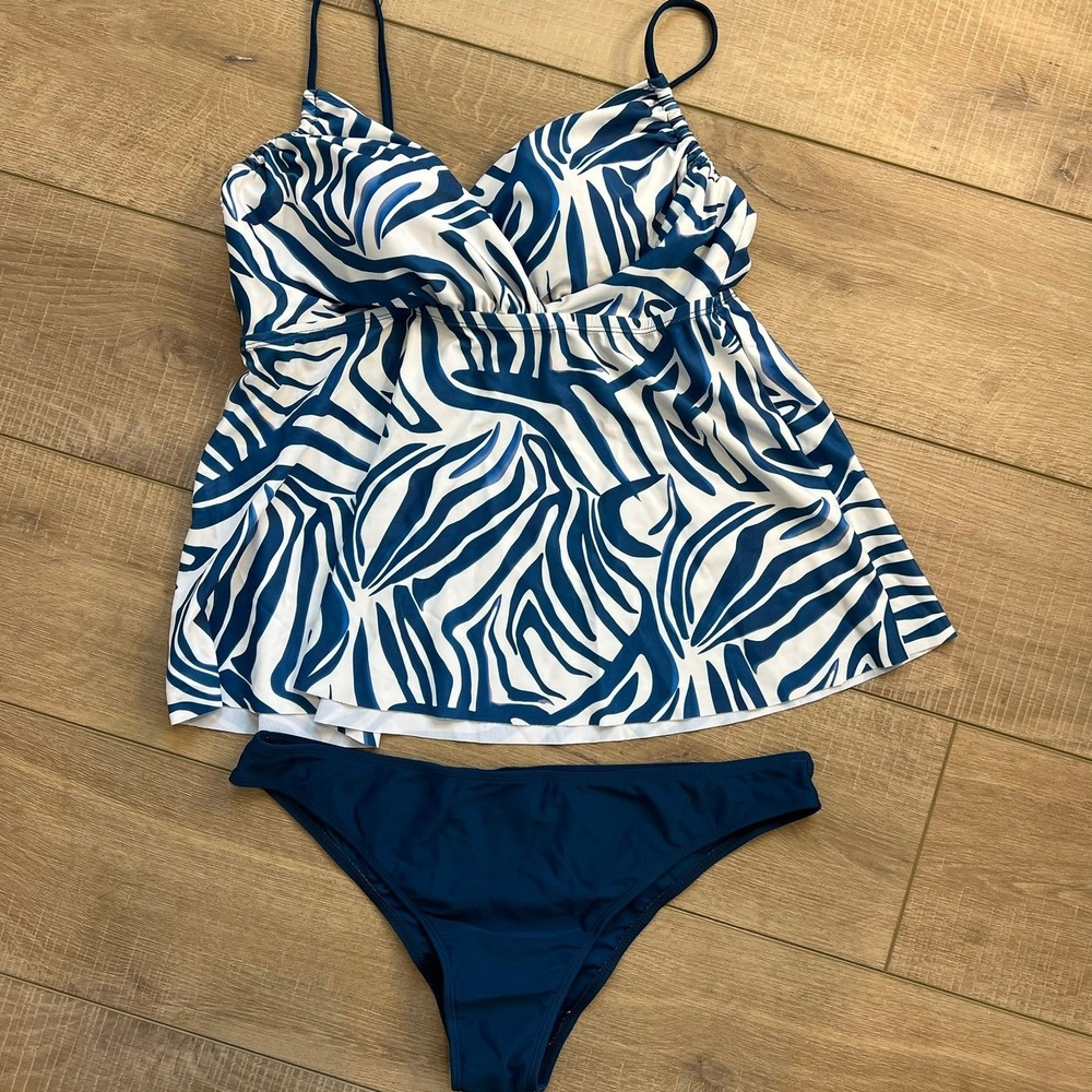 Zebra Tankini Set Women XL Blue White Abstract Animal Print Adjustable NWT